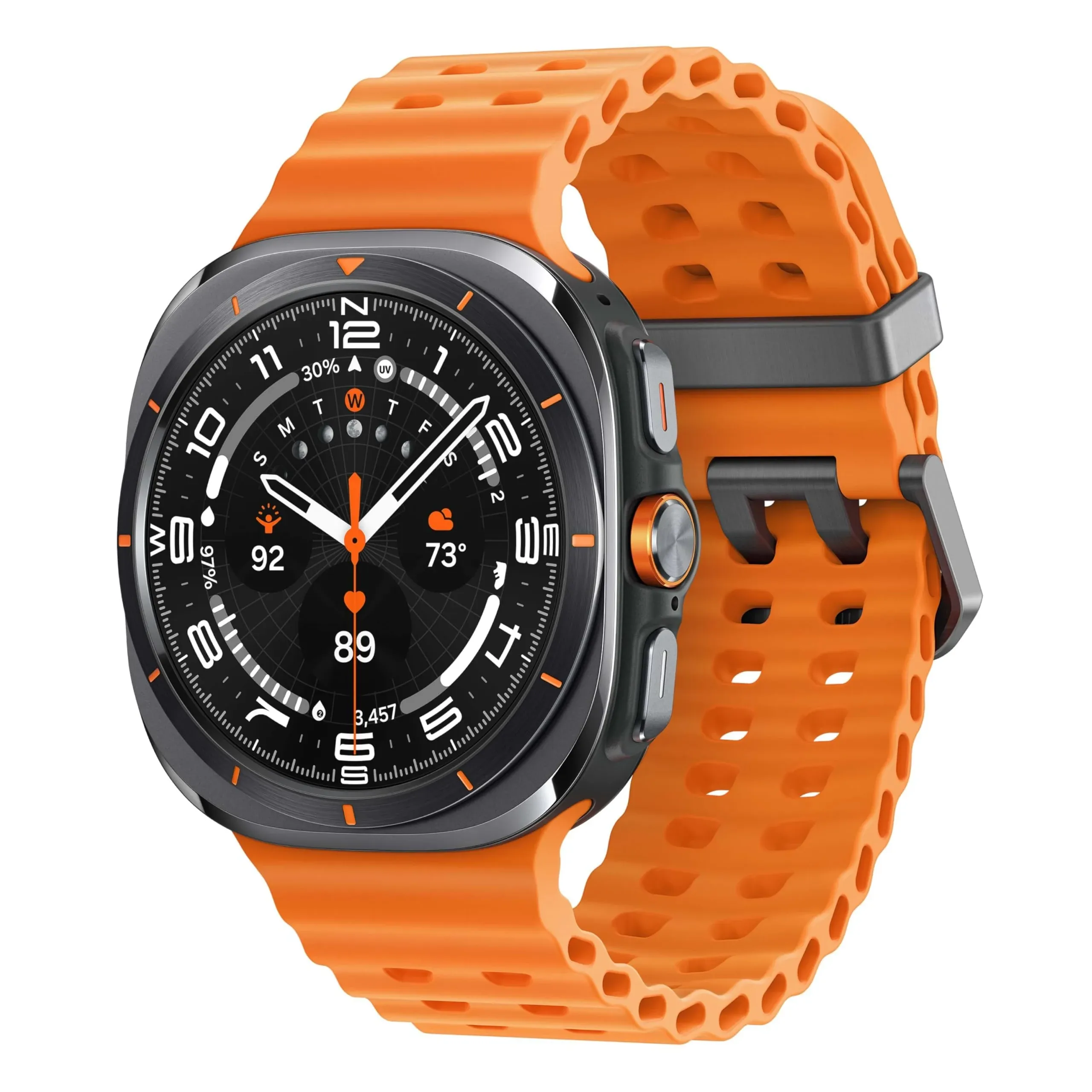 Premium GPS smartwatch with a dark metal case and bright orange perforated sport band on a clean white background, showing a detailed wellness-focused analogue-style watch face.