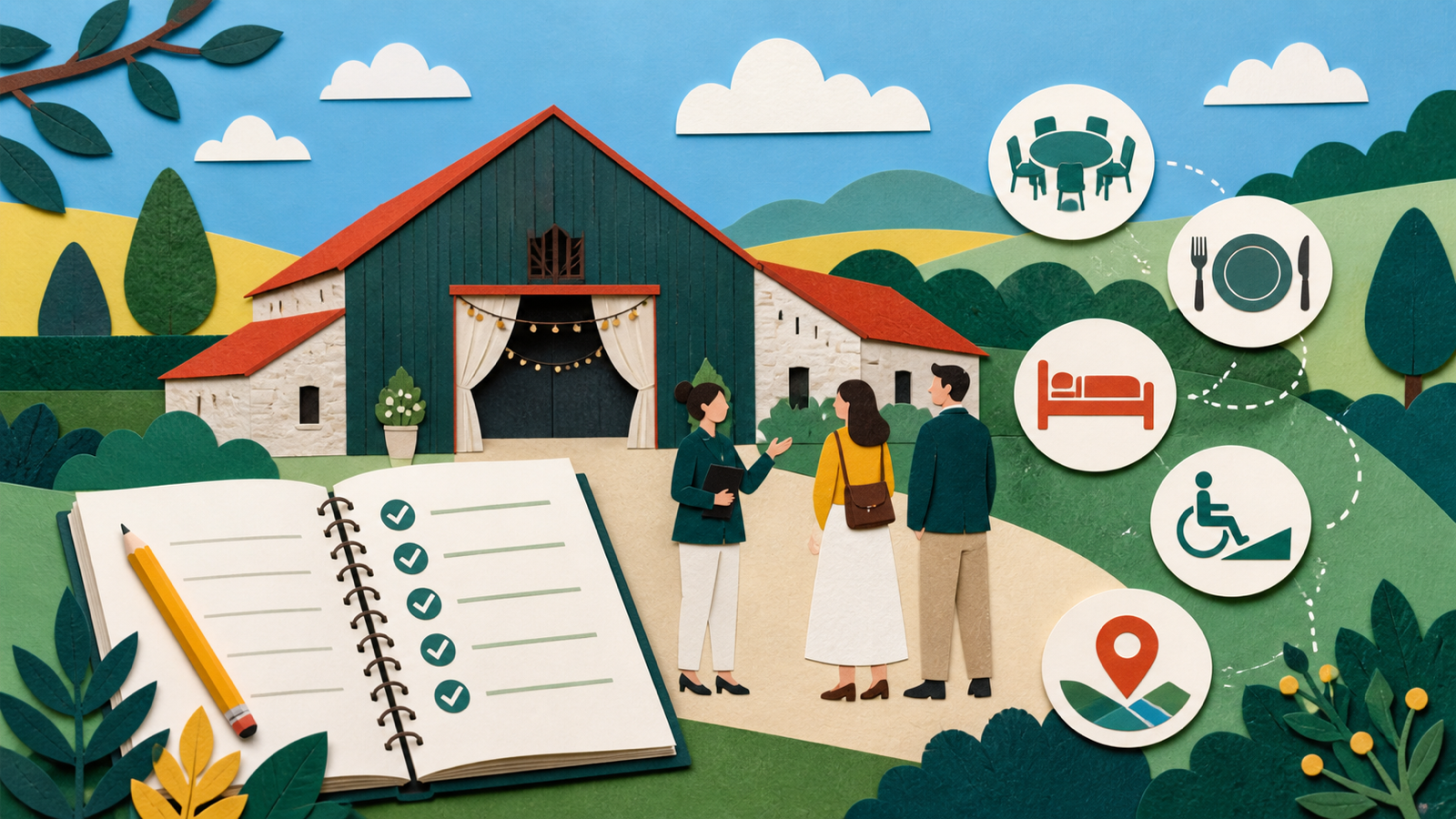 Editorial illustration of a wedding venue booking checklist with symbols for guests, catering, accommodation, access and travel.